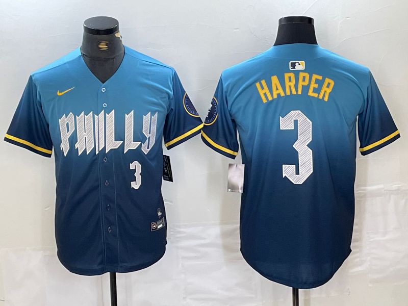 Men Philadelphia Phillies 3 Harper Blue City Edition Nike 2024 MLB Jersey style 5